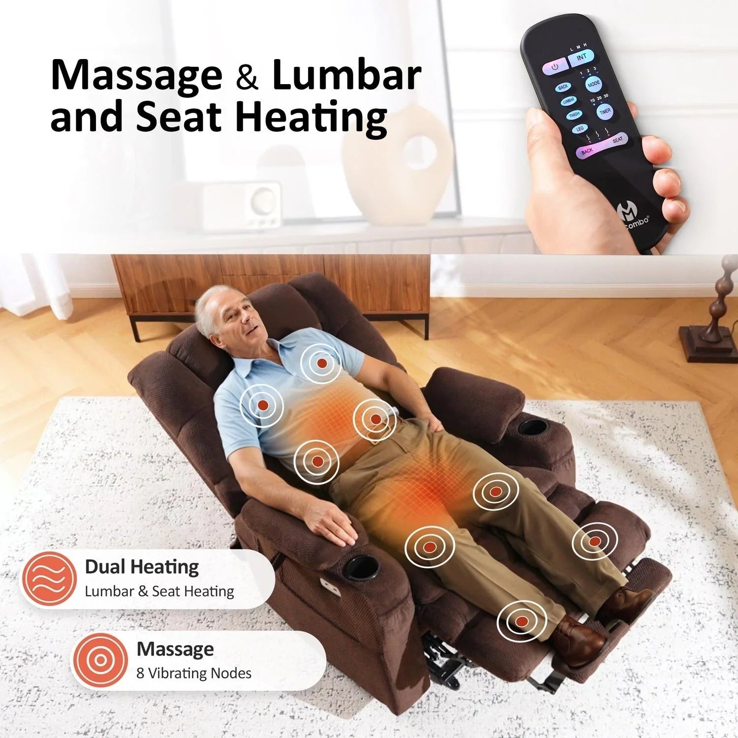 MCombo Sillón reclinable elevador eléctrico con motor dual ancho grande, masaje y doble calefacción para personas mayores altas y corpulentas, tela R7635