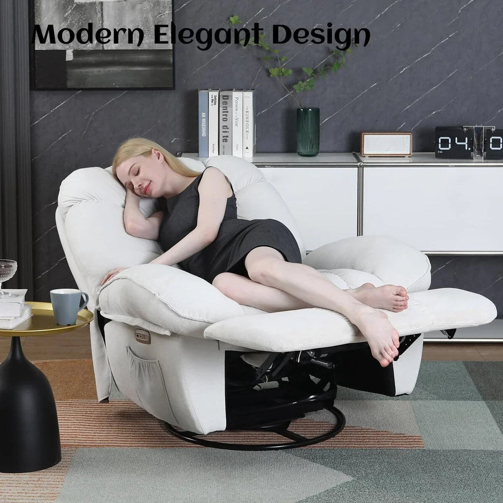 XINMICS Sillón Reclinable Eléctrico Giratorio, Sillones Reclinables Mecedora con Masaje y Calefacción, USB, USB-C y Bolsillo Lateral
