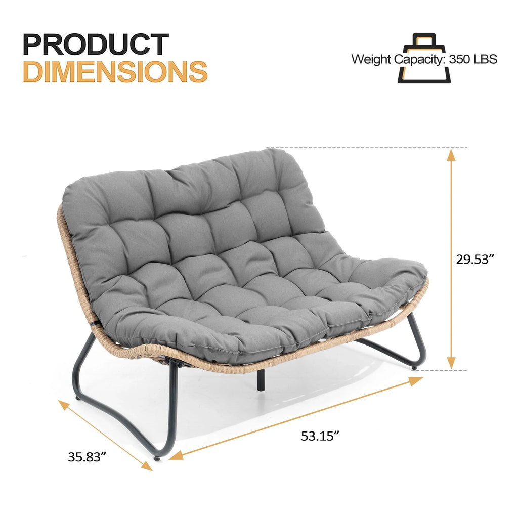Sofá biplaza doble Papasan con cojín, ratán PE para todo tipo de clima y estructura metálica para interior/exterior