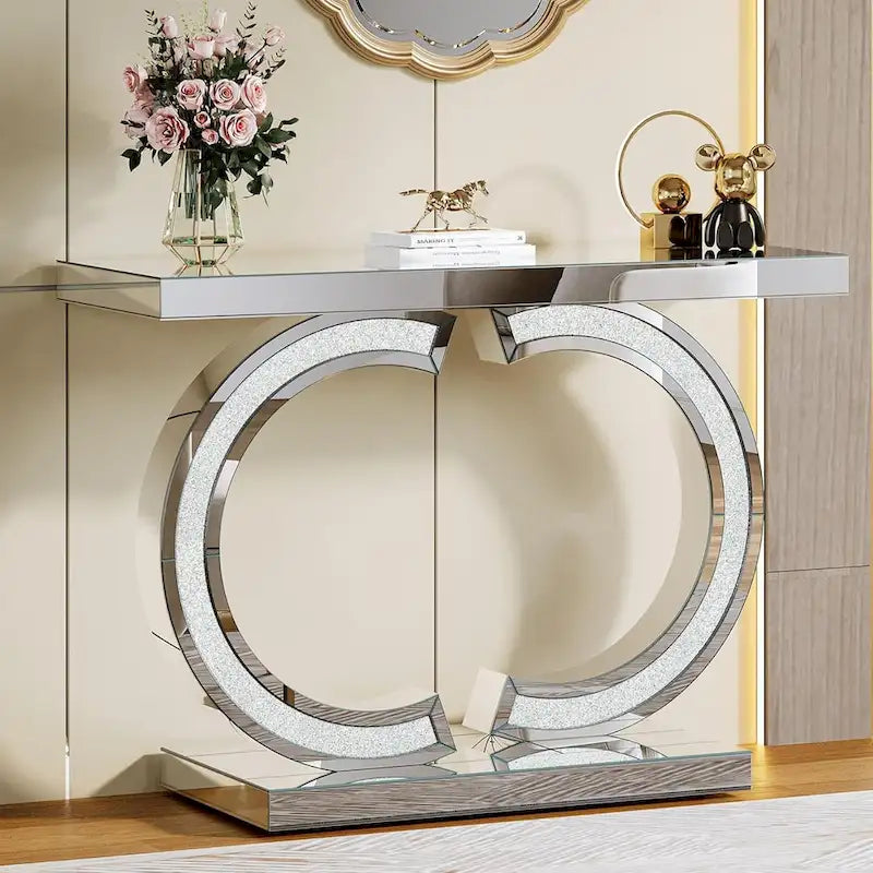 Mesa consola plateada, mesa de recibidor con espejo de 99 cm para la entrada