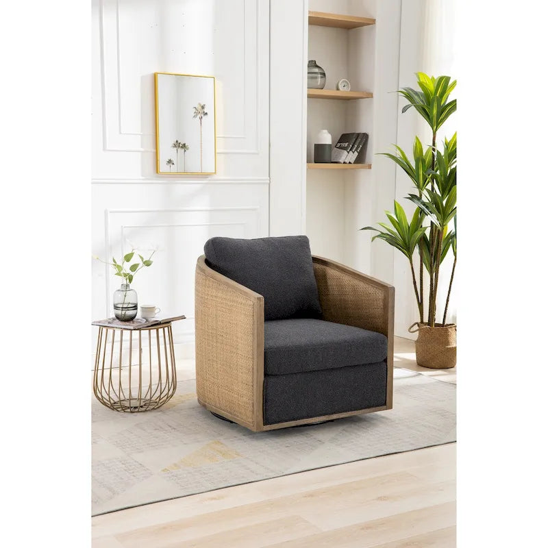 Sillón Giratorio de Barril, Cómodo Sillón Redondo Decorativo, Sillón Club Giratorio de Barril de 360 Grados, Sillón de Ocio con Estructura Tejida de Ratán