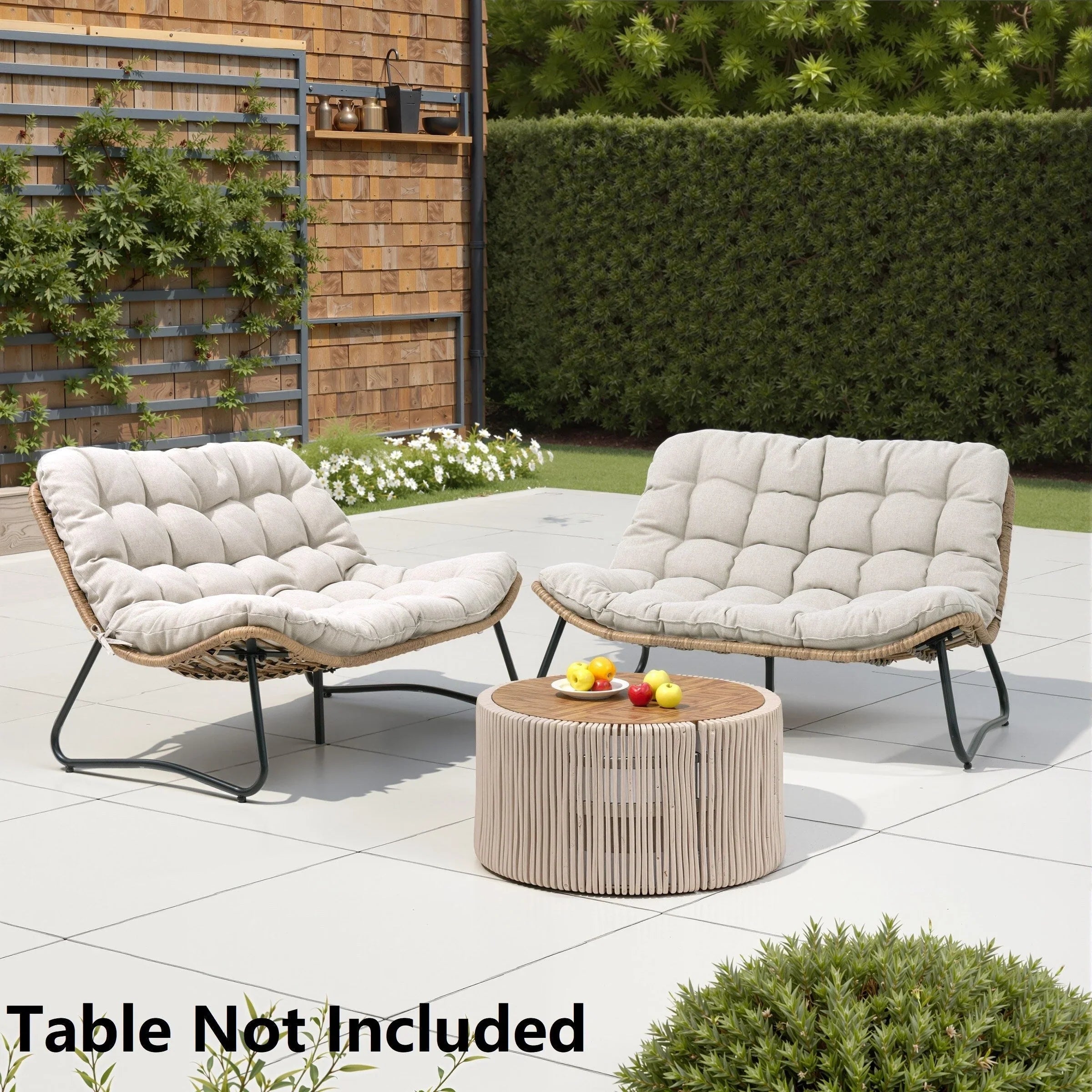 Sofá biplaza doble Papasan con cojín, ratán PE para todo tipo de clima y estructura metálica para interior/exterior