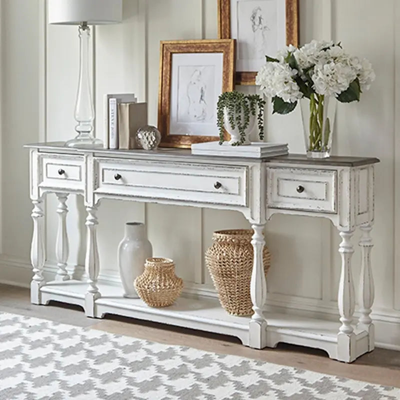 Mesa Consola para Recibidor de 72 Pulgadas en Blanco Antiguo y Madera Desgastada