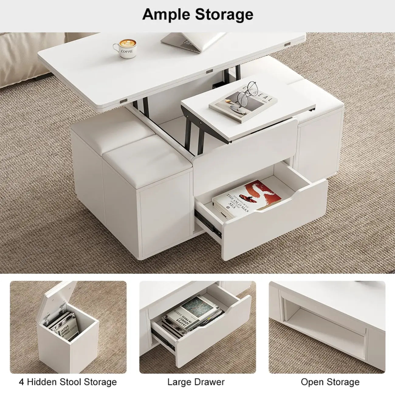 Mesa de centro elevable y plegable con 4 taburetes y almacenamiento