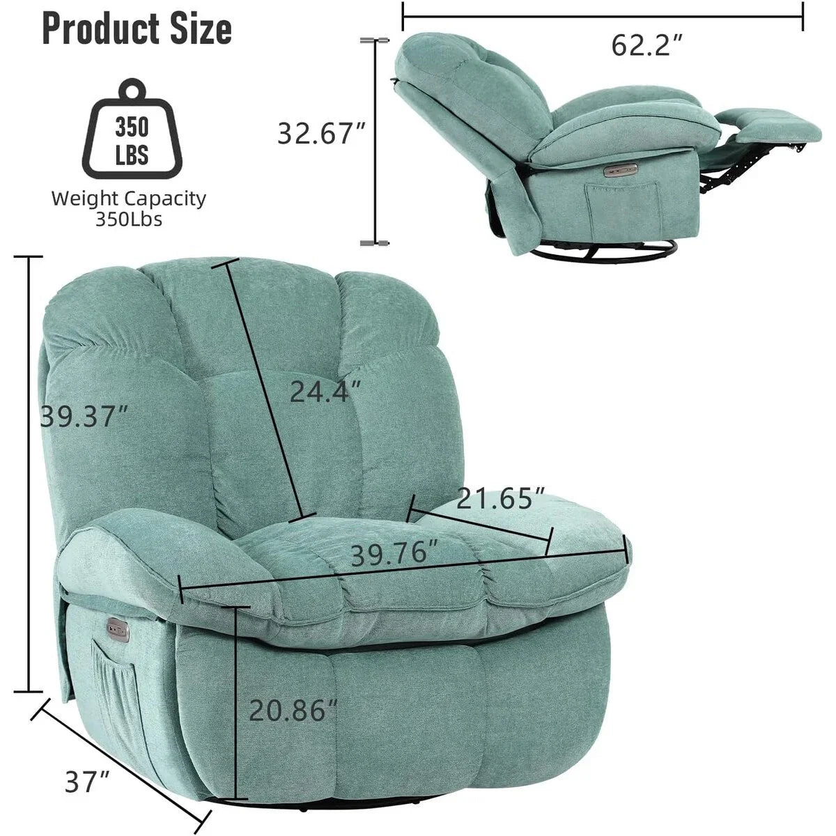 XINMICS Sillón Reclinable Eléctrico Giratorio, Sillones Reclinables Mecedora con Masaje y Calefacción, USB, USB-C y Bolsillo Lateral