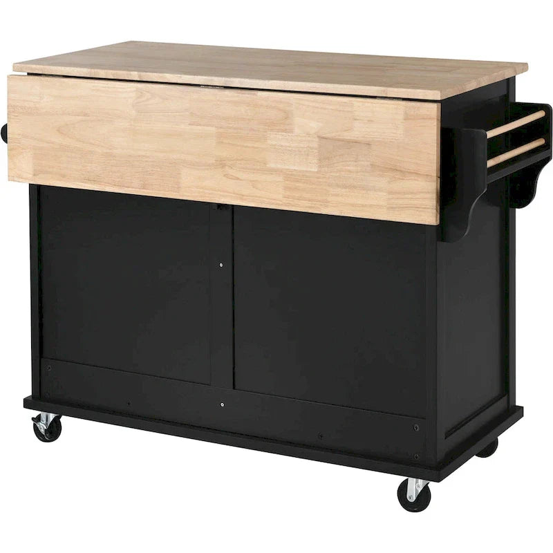 Carro de cocina con encimera de madera de caucho abatible, puerta corredera oculta de granero de altura ajustable, isla de cocina con 4 ruedas