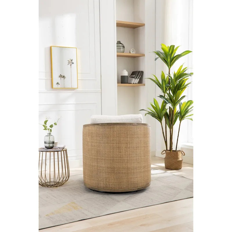 Sillón Giratorio de Barril, Cómodo Sillón Redondo Decorativo, Sillón Club Giratorio de Barril de 360 Grados, Sillón de Ocio con Estructura Tejida de Ratán