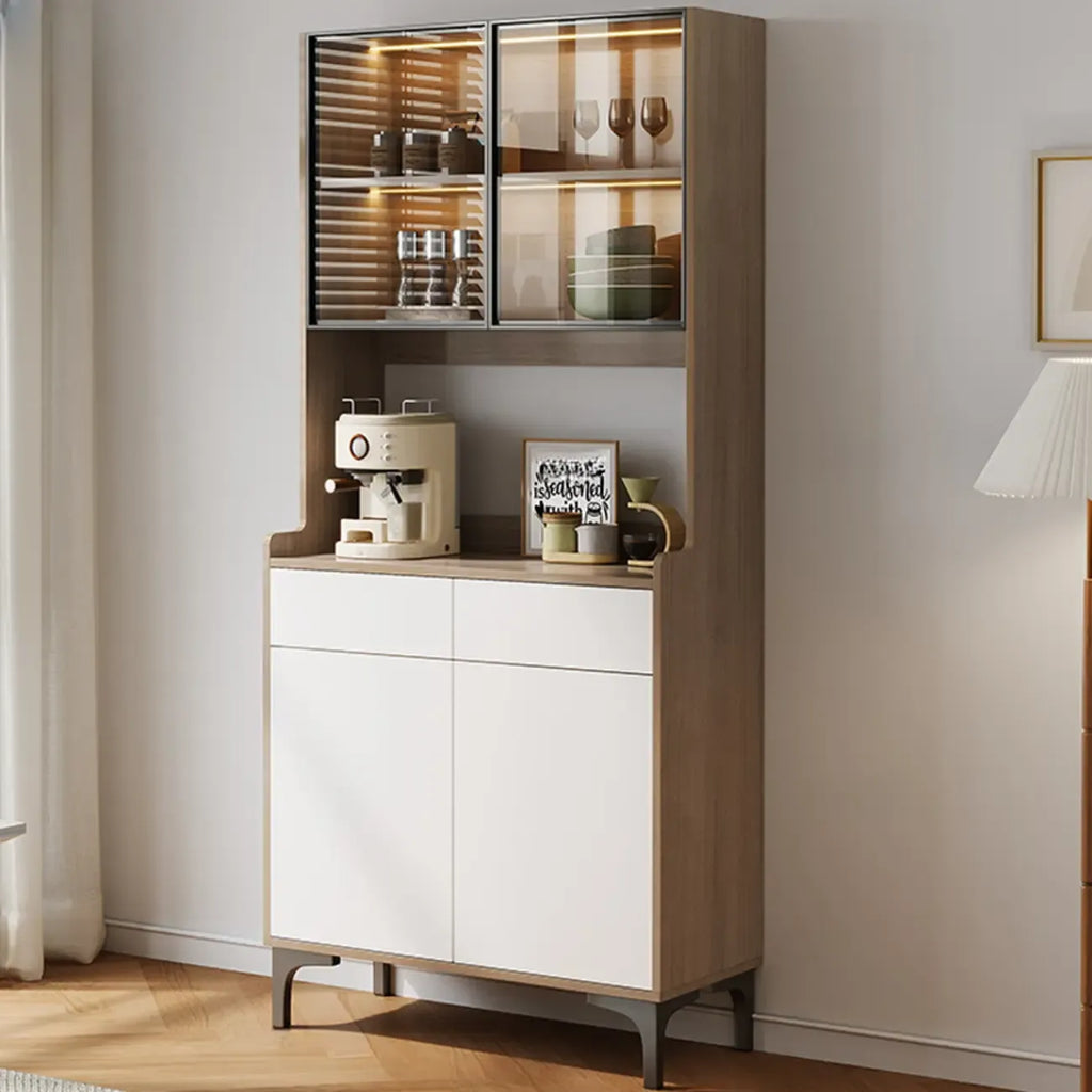 Aparador grande de madera con puertas de cristal y vitrina superior