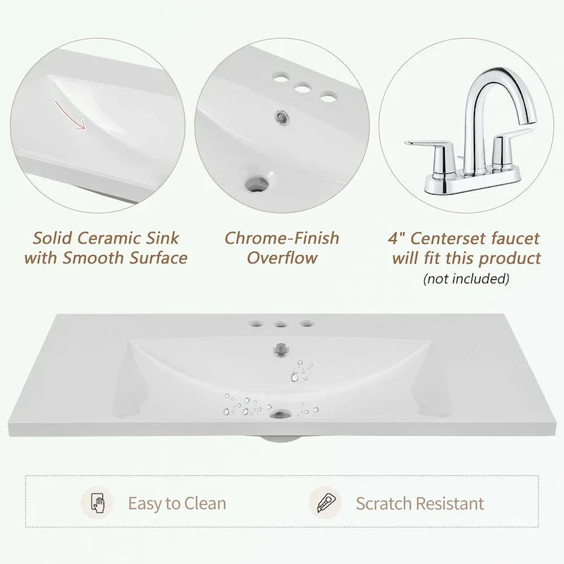 Mueble de baño con lavabo cerámico, dos armarios y cinco cajones