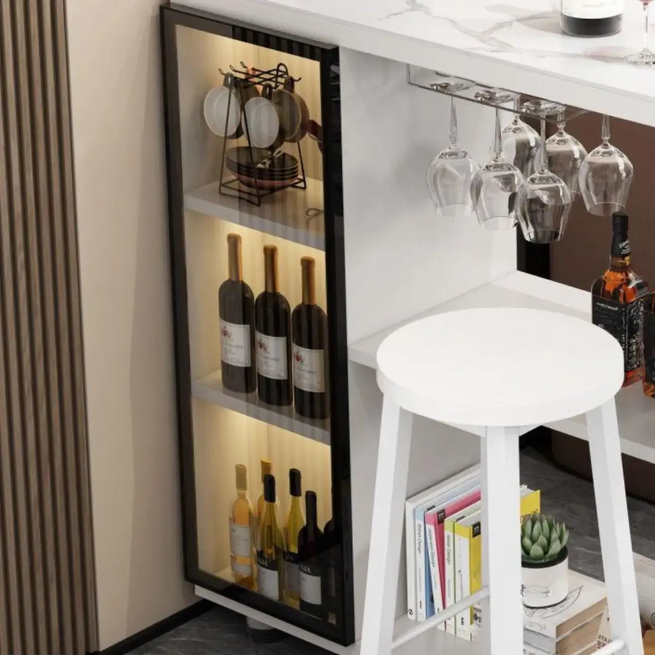 Mesa de bar moderna con tope de piedra de forma libre y almacenamiento para bares en casa