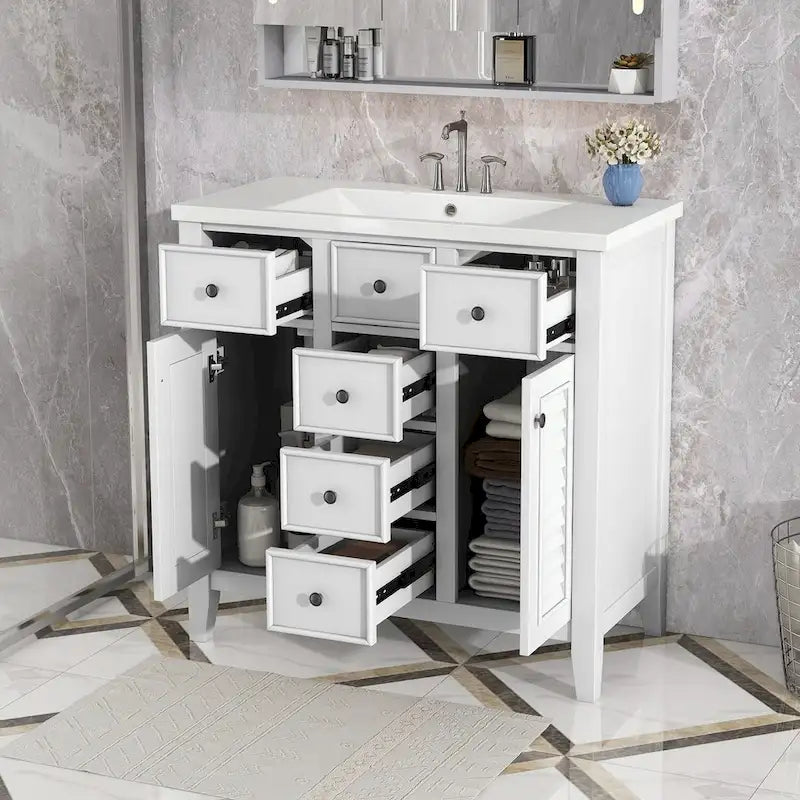 Mueble de baño con lavabo cerámico, dos armarios y cinco cajones