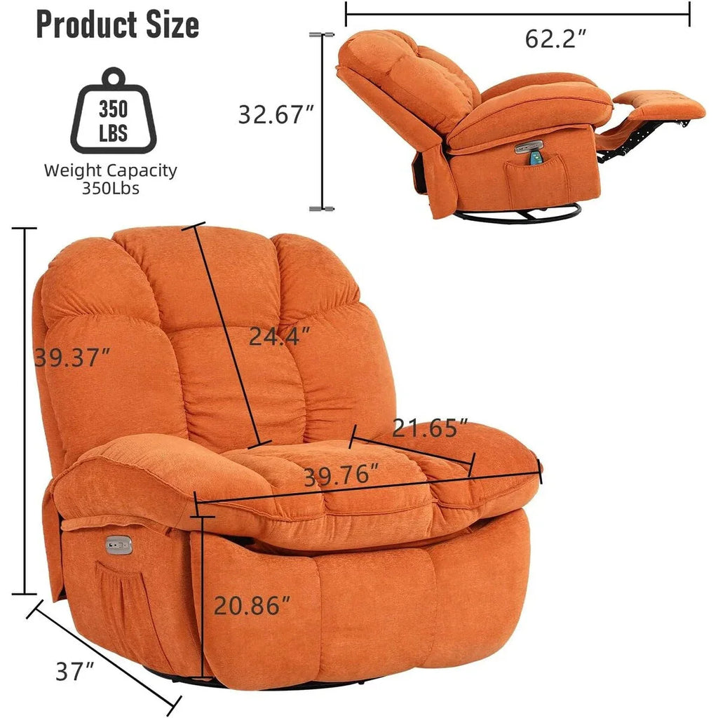 XINMICS Sillón Reclinable Eléctrico Giratorio, Sillones Reclinables Mecedora con Masaje y Calefacción, USB, USB-C y Bolsillo Lateral