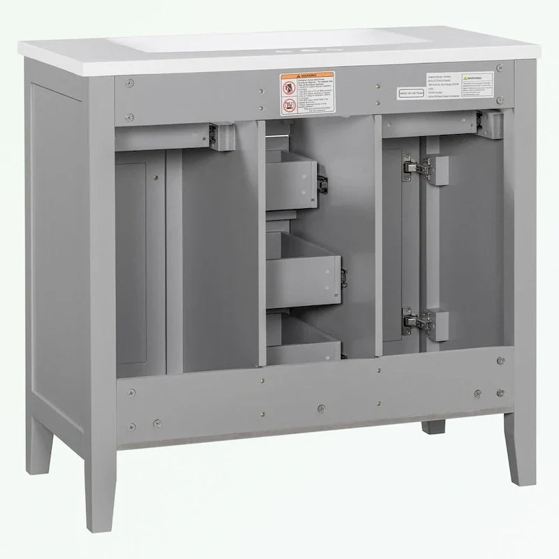 Mueble de baño con lavabo cerámico, dos armarios y cinco cajones