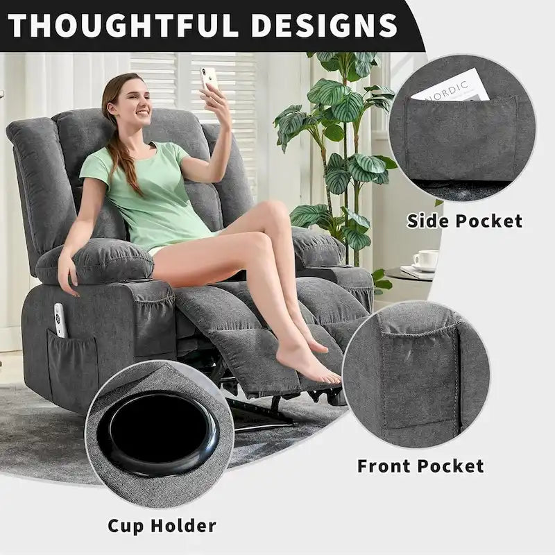 Sillón reclinable con control remoto, calor y masaje
