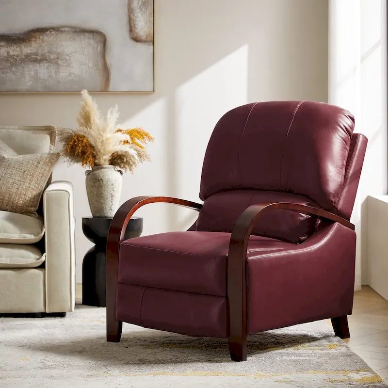 Sofá reclinable manual Alex Mid-century Modern Cigar de cuero genuino con brazos curvos de madera