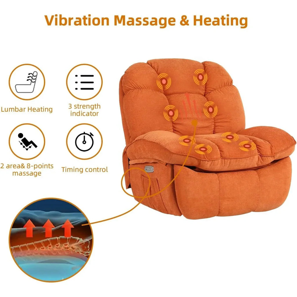 XINMICS Sillón Reclinable Eléctrico Giratorio, Sillones Reclinables Mecedora con Masaje y Calefacción, USB, USB-C y Bolsillo Lateral