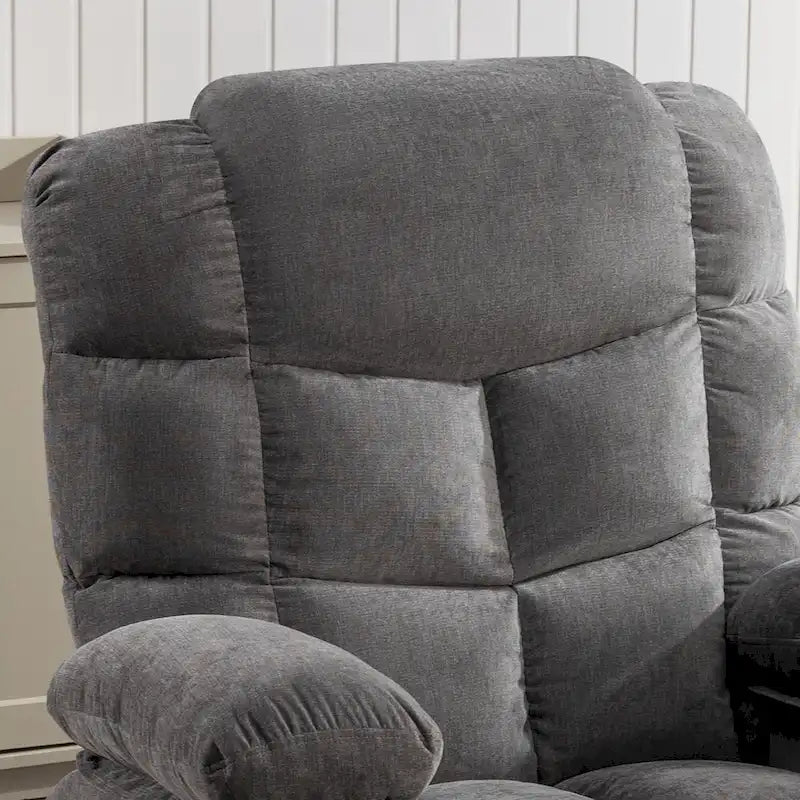 Reclinable extragrande gris con calor y masaje, reclinación de 150°, balanceo de 30°, carga USB y 2 portavasos