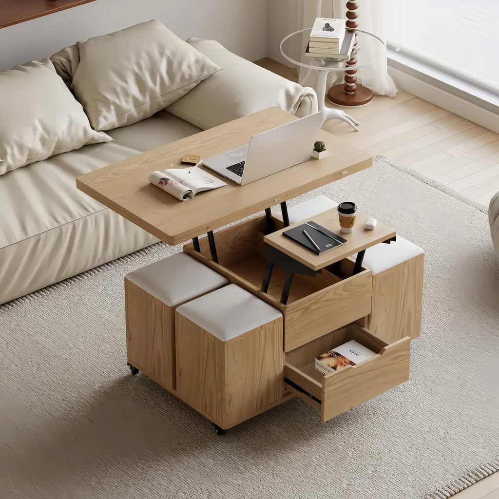 Mesa de centro elevable y plegable con 4 taburetes y almacenamiento
