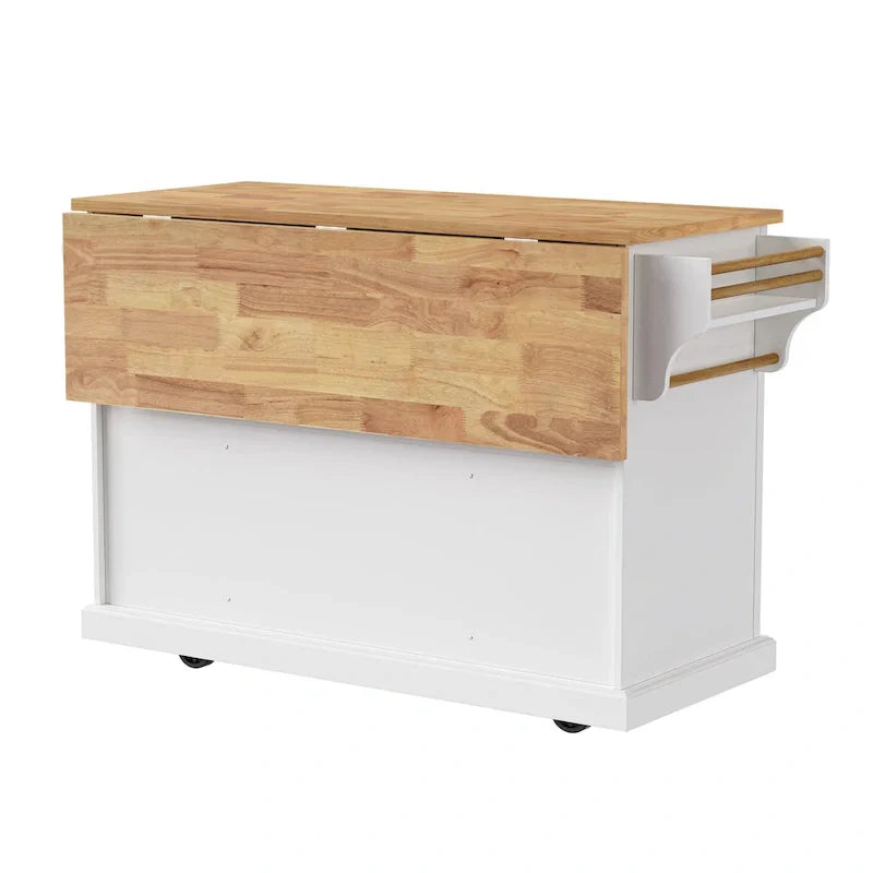 Isla de cocina grande con hoja abatible de madera, carrito de cocina con textura en relieve, puertas y cajones con almacenamiento para cocina, blanco