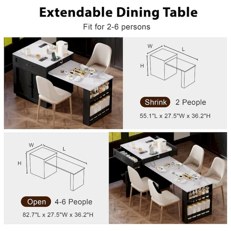 82.7 Isla de cocina de madera para 4-6 personas con mesa de comedor extensible y almacenamiento doble