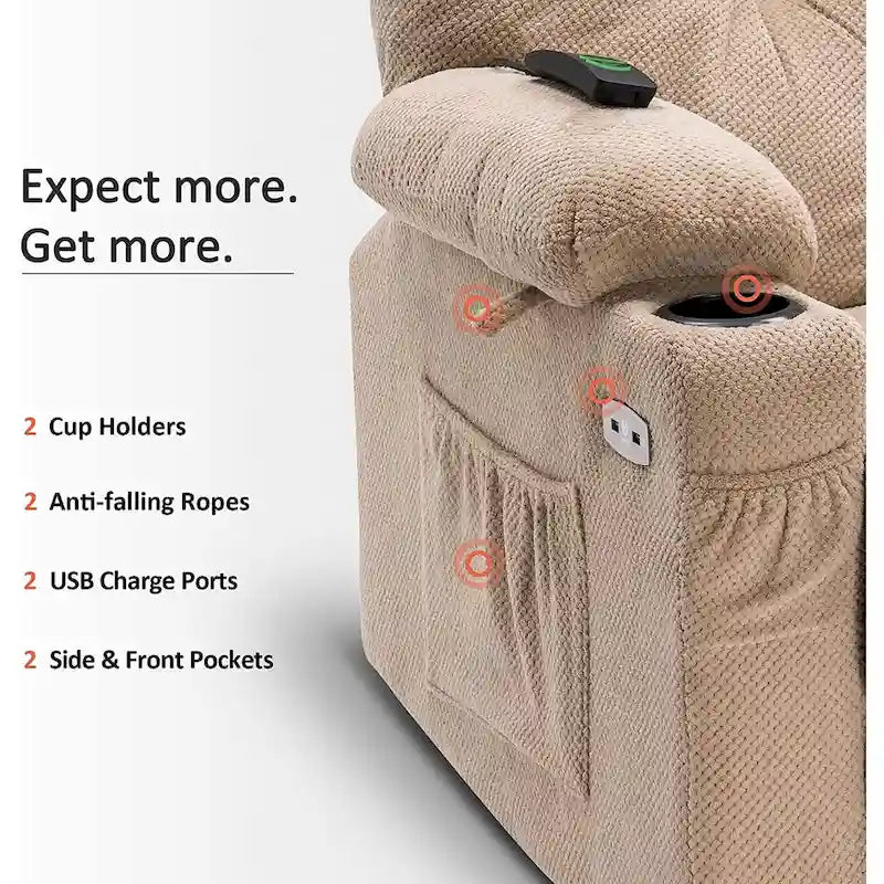 Sillón reclinable giratorio eléctrico con planeador, portavasos y puertos USB, tela, asiento individual