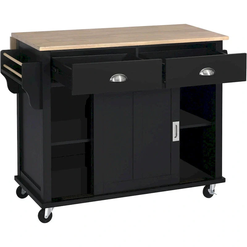 Carro de cocina con encimera de madera de caucho abatible, puerta corredera oculta de granero de altura ajustable, isla de cocina con 4 ruedas