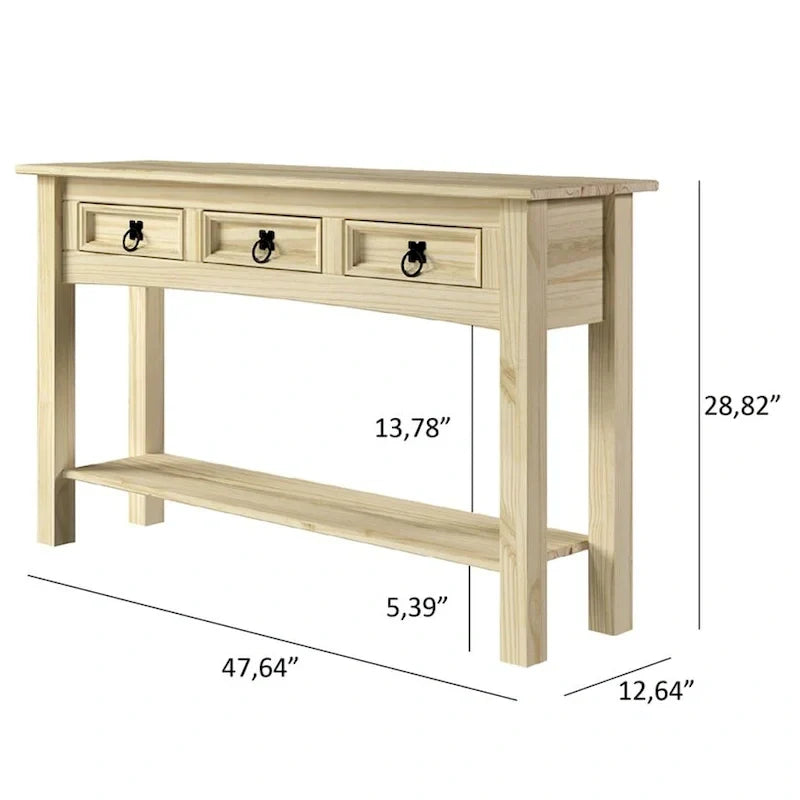 Mesa Consola de Pasillo Rústica de Pino Macizo, Blanqueado / Marrón Antiguo / Lavado Gris / Sin Pintar, 3 Cajones