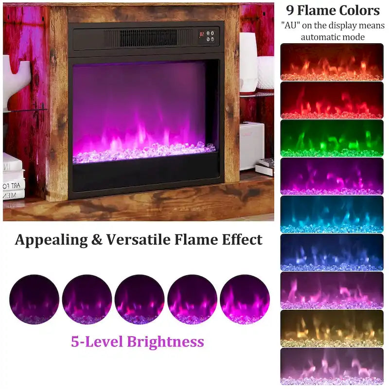 Mueble para TV con chimenea eléctrica, luces LED y mandos a distancia