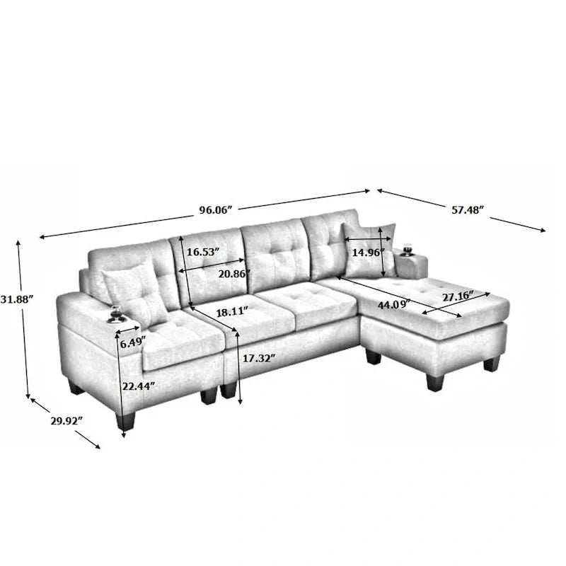 Sofá Seccional para Sala de Estar con Chaise Longue en Forma de L y portavasos
