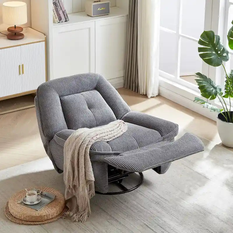 Sillón reclinable giratorio de pana con deslizamiento, reposapiés para sala de estar
