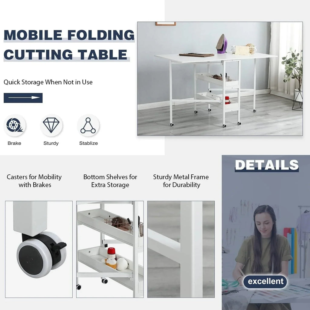 Mesa de manualidades ajustable en altura con estantes de almacenamiento, mesa de corte plegable móvil para oficina en casa, sala de costura, sala de manualidades