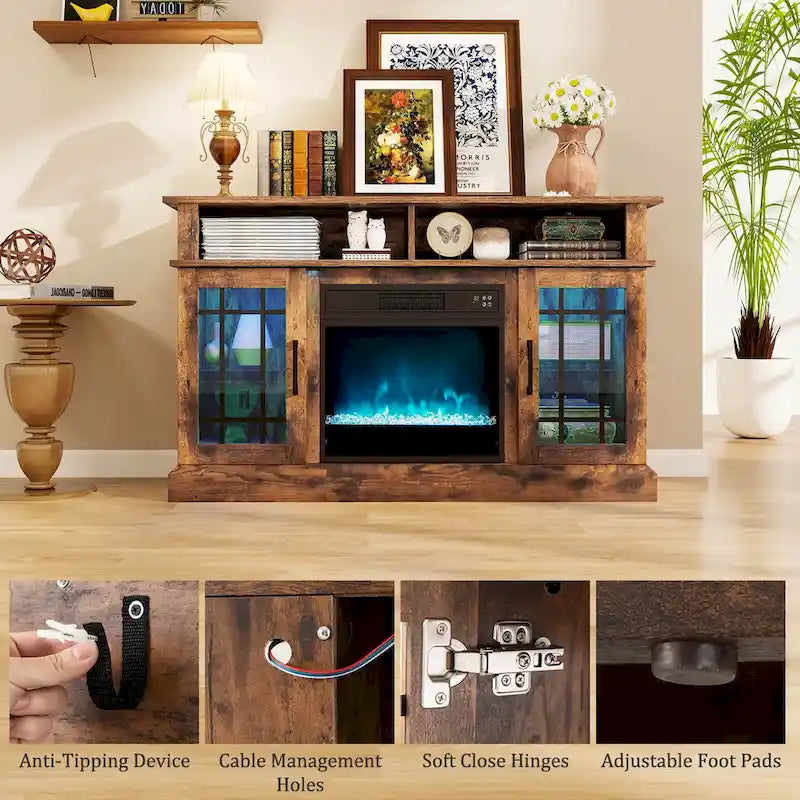 Mueble para TV con chimenea eléctrica, luces LED y mandos a distancia