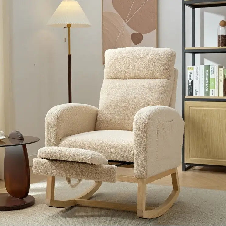Moderna mecedora tapizada de respaldo alto de 29.5" con patas de madera maciza y reposapiés ajustable