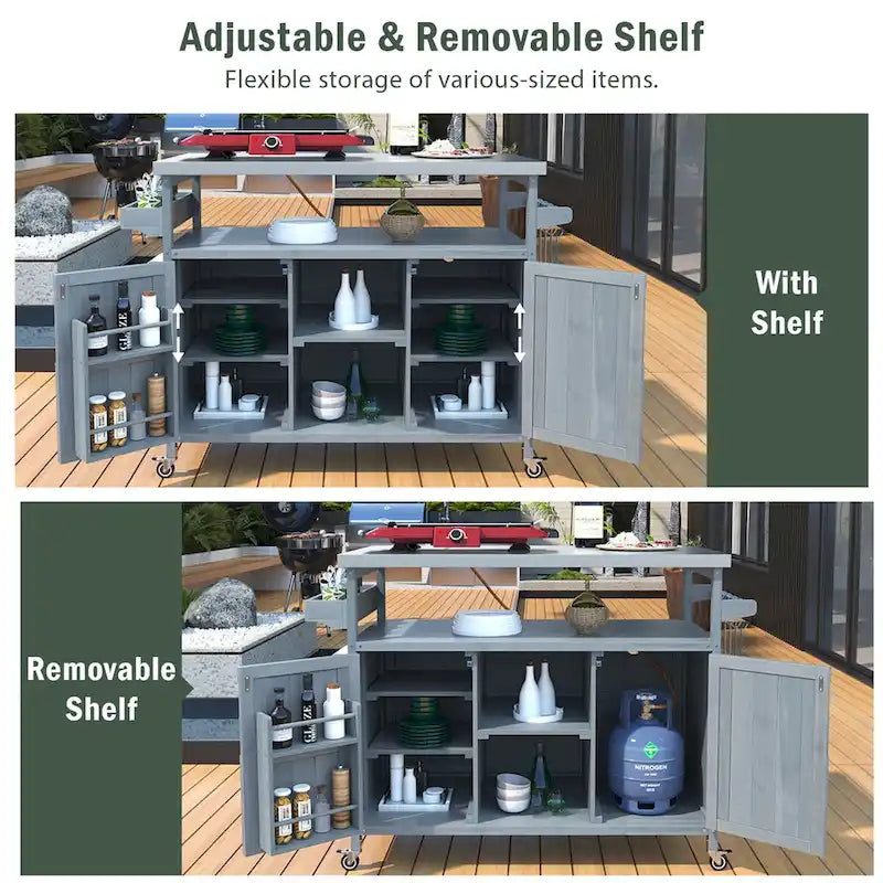 Isla de cocina exterior, carrito de bar con ruedas y armario de almacenamiento, mesa de parrilla de madera maciza con parte superior de acero inoxidable, especiero, toallero