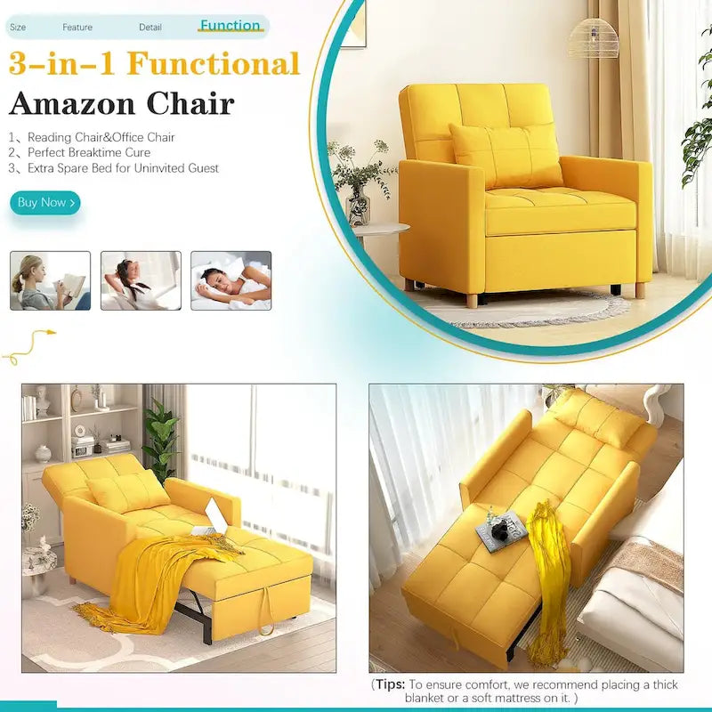 Sofá cama individual 3 en 1 AECOJOY con almohada y respaldo convertible