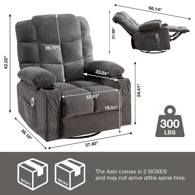 Reclinable extragrande gris con calor y masaje, reclinación de 150°, balanceo de 30°, carga USB y 2 portavasos