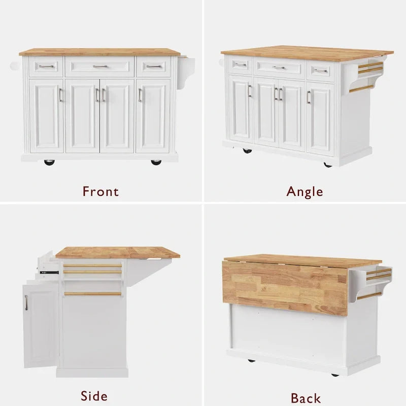 Isla de cocina grande con hoja abatible de madera, carrito de cocina con textura en relieve, puertas y cajones con almacenamiento para cocina, blanco