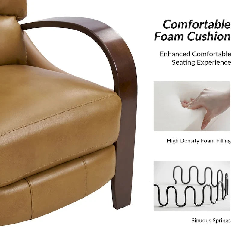 Sofá reclinable manual Alex Mid-century Modern Cigar de cuero genuino con brazos curvos de madera