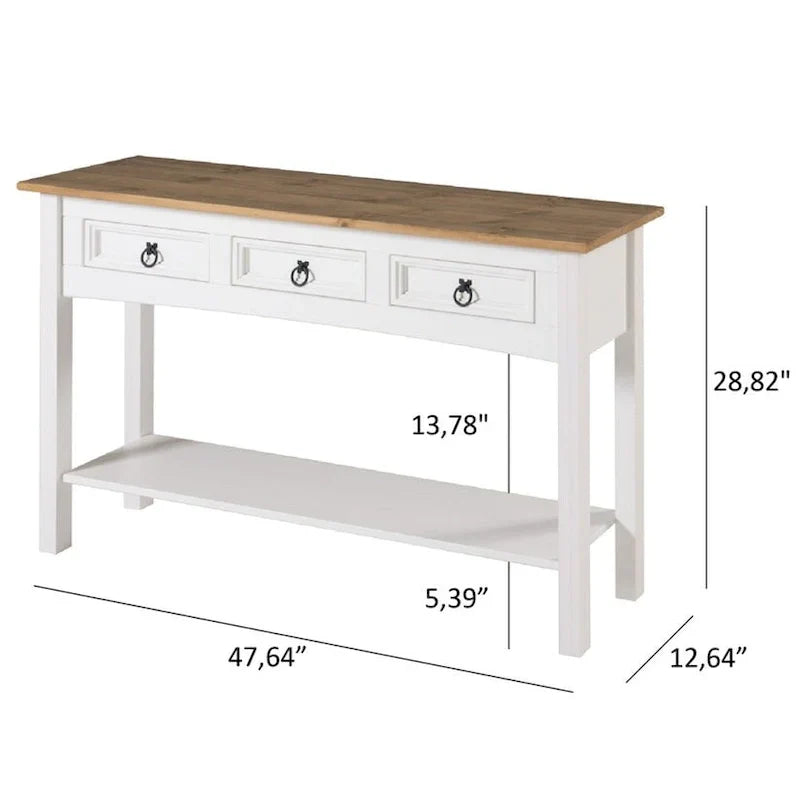 Mesa Consola de Pasillo Rústica de Pino Macizo, Blanqueado / Marrón Antiguo / Lavado Gris / Sin Pintar, 3 Cajones