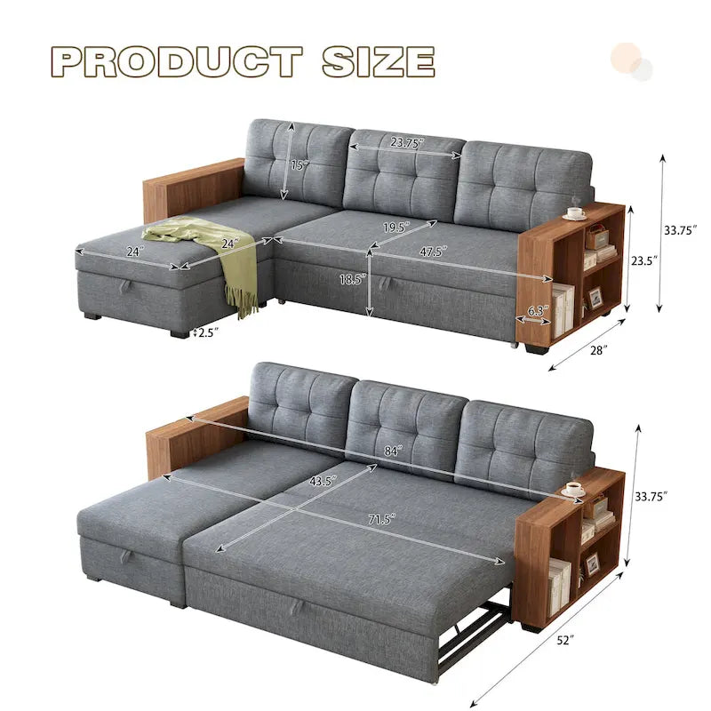 Sofá seccional convertible con cama extraíble y chaise longue con almacenaje oculto