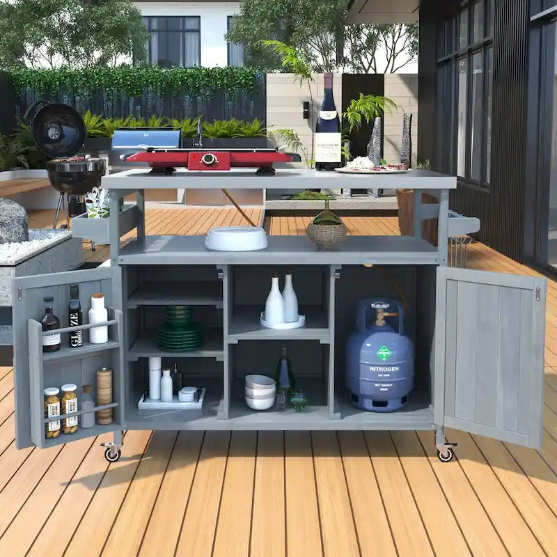Isla de cocina exterior, carrito de bar con ruedas y armario de almacenamiento, mesa de parrilla de madera maciza con parte superior de acero inoxidable, especiero, toallero