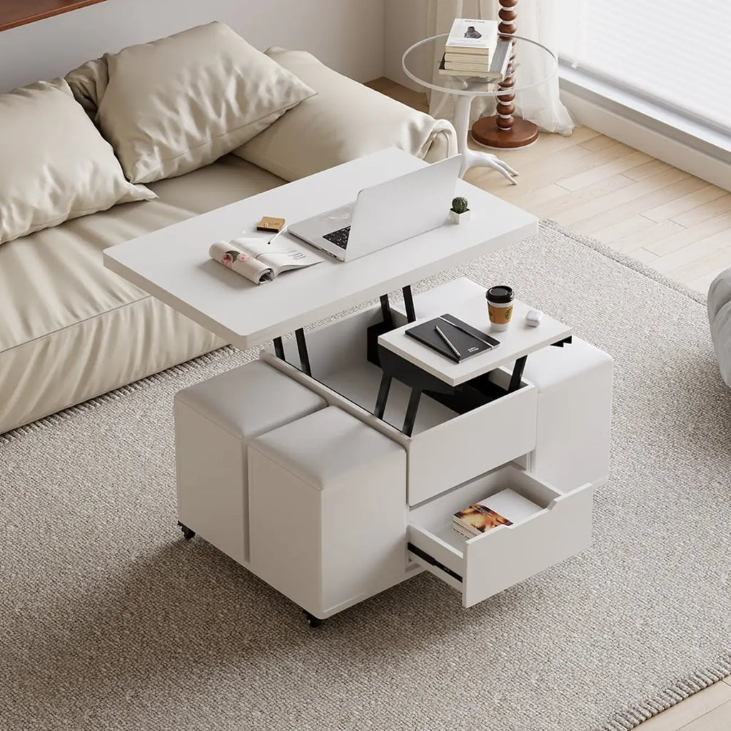 Mesa de centro elevable y plegable con 4 taburetes y almacenamiento