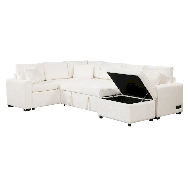 Sofá seccional de chenilla con sofá cama extraíble, sofá cama en forma de L con otomana de almacenamiento, 3 almohadas y dispositivos de carga
