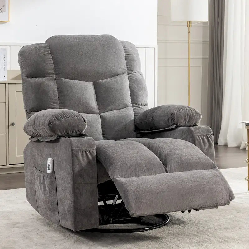 Reclinable extragrande gris con calor y masaje, reclinación de 150°, balanceo de 30°, carga USB y 2 portavasos