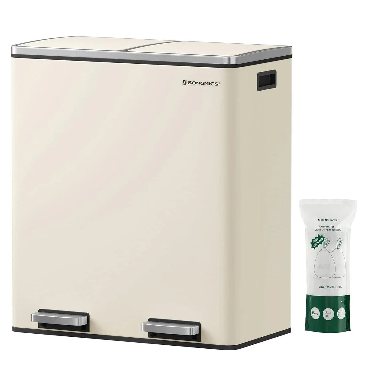 SONGMICS Cubo de Basura Doble, Bote de Basura de Acero Inoxidable de 60 Litros, Almendra