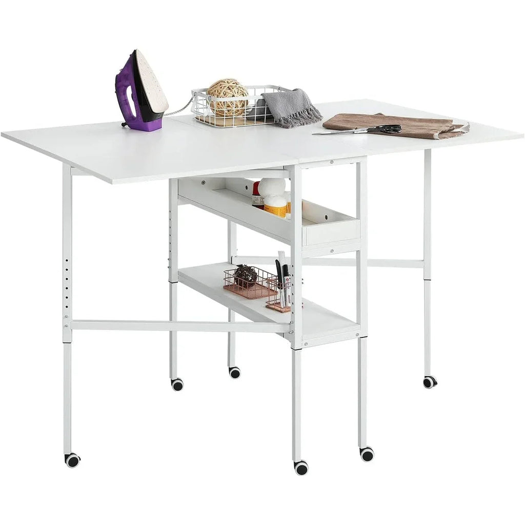 Mesa de manualidades ajustable en altura con estantes de almacenamiento, mesa de corte plegable móvil para oficina en casa, sala de costura, sala de manualidades