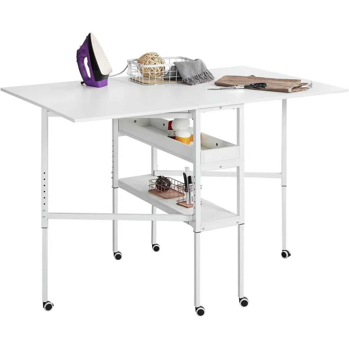 Mesa de manualidades ajustable en altura con estantes de almacenamiento, mesa de corte plegable móvil para oficina en casa, sala de costura, sala de manualidades