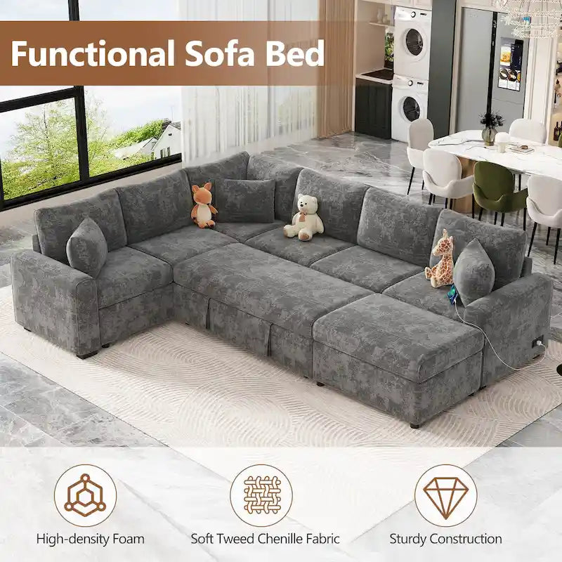 Sofá seccional de chenilla con sofá cama extraíble, sofá cama en forma de L con otomana de almacenamiento, 3 almohadas y dispositivos de carga