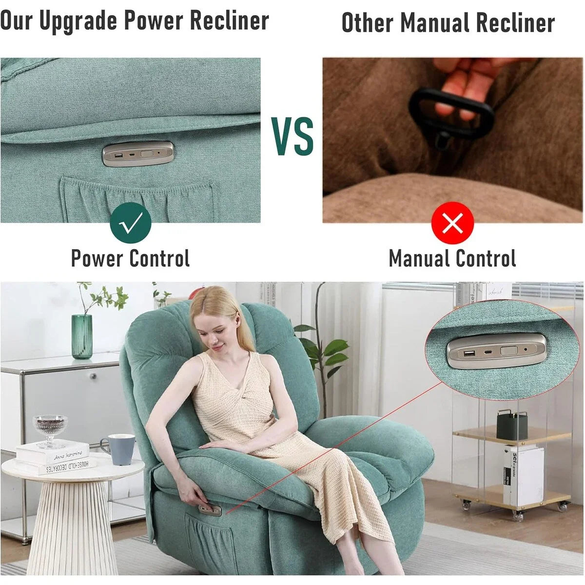XINMICS Sillón Reclinable Eléctrico Giratorio, Sillones Reclinables Mecedora con Masaje y Calefacción, USB, USB-C y Bolsillo Lateral