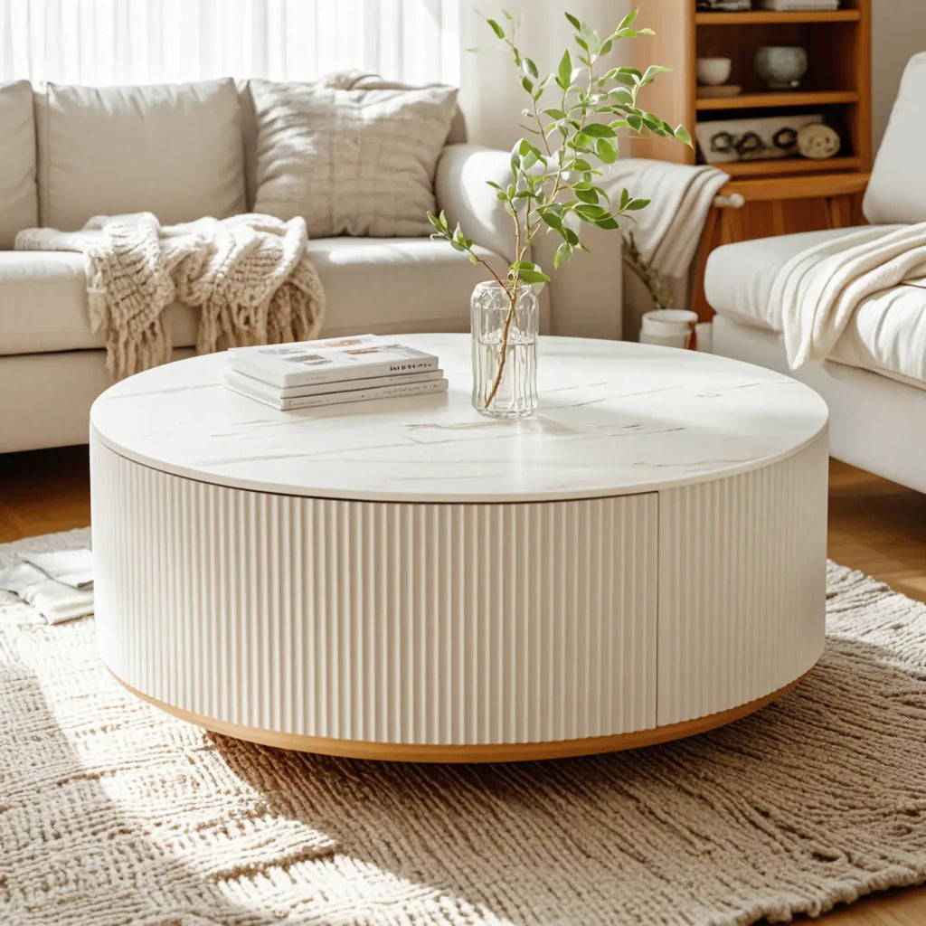 Mesa de centro redonda moderna blanca de madera con cajones tipo tambor